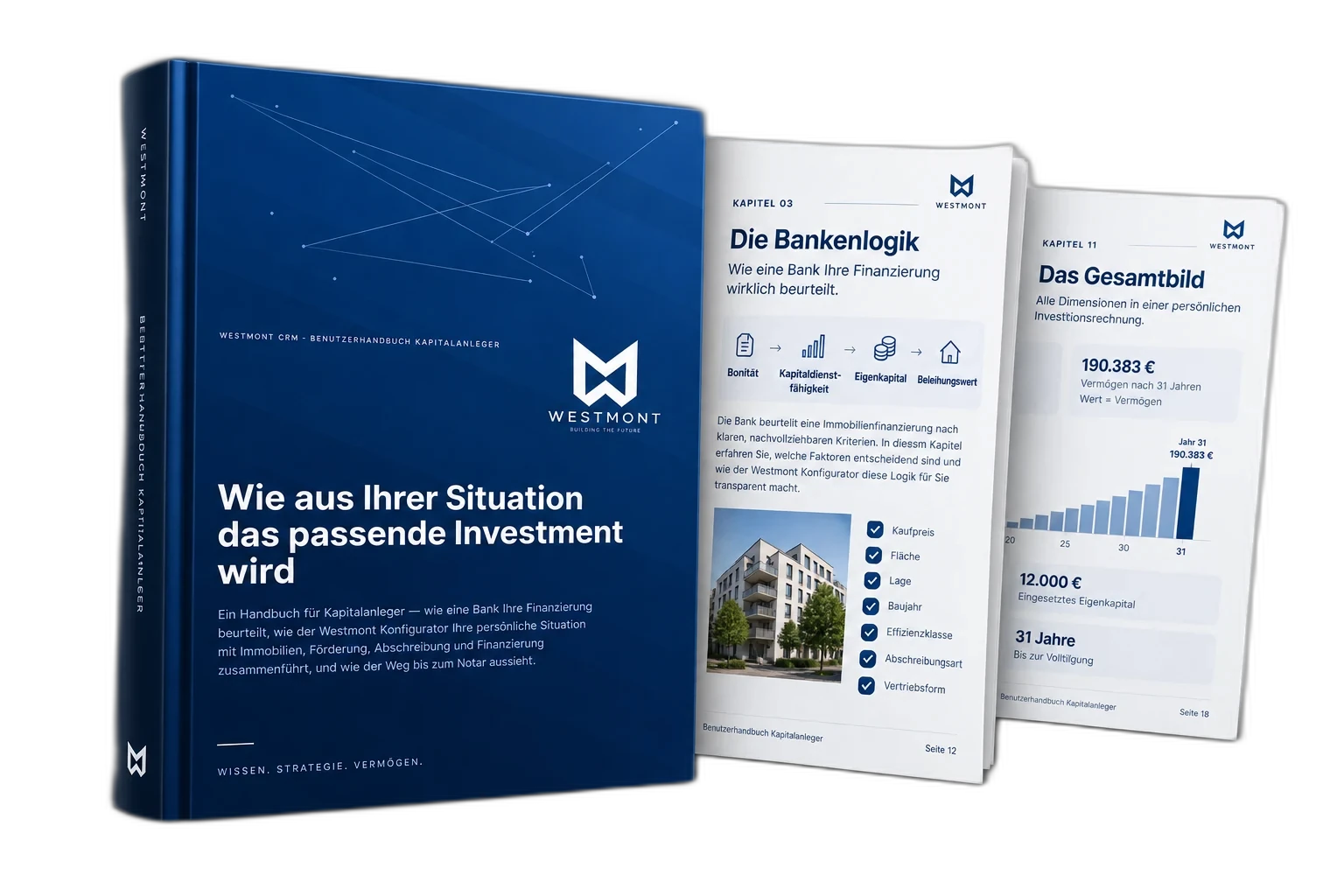 Das Westmont Immobilienhandbuch: Buchcover mit Innenseiten aus Kapitel 03 „Die Bankenlogik“ und Kapitel 11 „Das Gesamtbild“