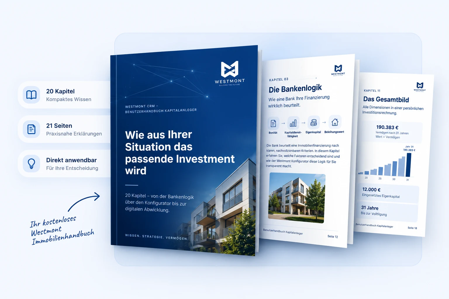 Das Westmont Immobilienhandbuch: Buchcover „Wie aus Ihrer Situation das passende Investment wird“ mit Innenseiten aus Kapitel 03 und Kapitel 11 – 20 Kapitel, 21 Seiten, direkt anwendbar