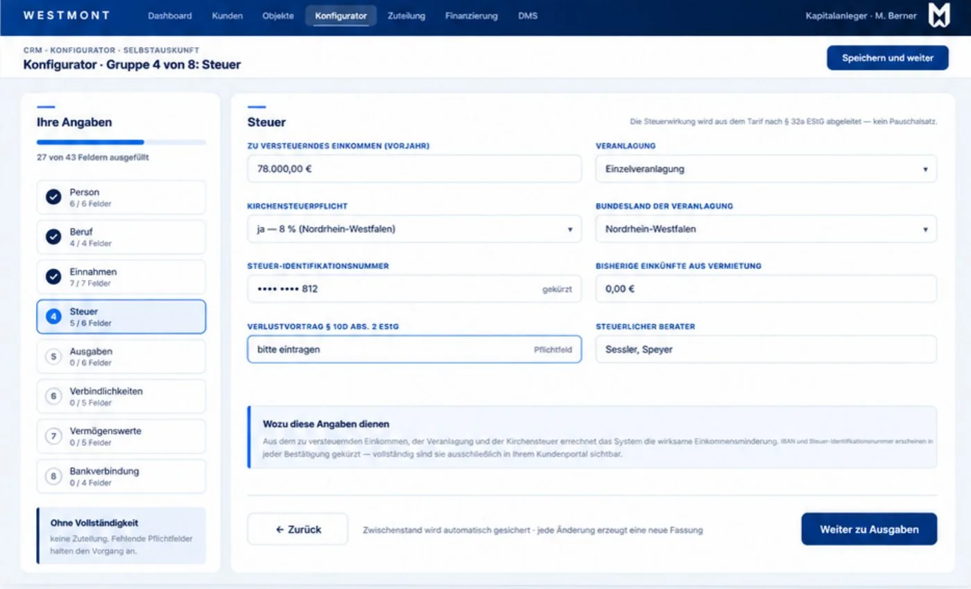 Westmont CRM Formularmaske Steuer im Konfigurator
